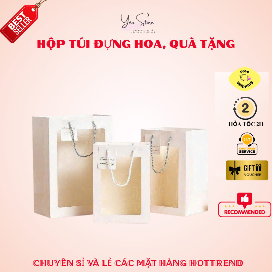 Hộp Túi Đựng Hoa Màu Trắng Sang Trọng, Đựng Quà Tặng, Hoa Kẽm Nhung, Hoa Sáp (Không Kèm Thiệp)